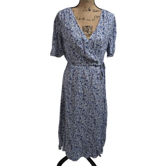 Loft Floral Blue White Midi Jungle Jacquard Wrap Midi Dress Size 6 Small New - Picture 3 of 11